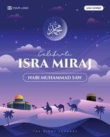 poster for a celebration of Isra Miraj. The poster features a desert scene with camels and a building vector