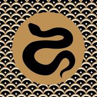 Winding black snake silhouette in golden circle on geometric patterned background vector