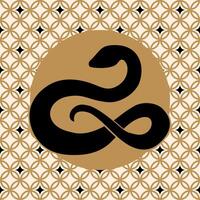 Stylized black snake on gold circle and patterned background vector