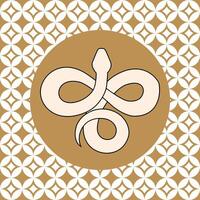 Stylized white snake in golden circle on geometric patterned background vector