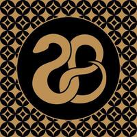 Stylized gold snake in black circle frame on geometric star background. vector