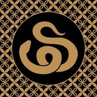 Stylized coiled gold snake silhouette in black circle frame on geometric patterned background vector