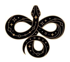 Mystical curled black snake silhouette with golden geometric elements vector