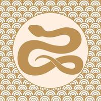 Stylish golden snake silhouette in circle on patterned background. vector