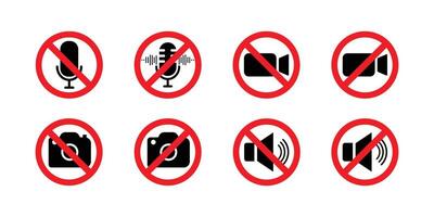 Set of red prohibition signs with black icons indicating no audio, no microphone, no camera, no . vector