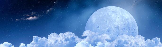 The sky or space has a large moon. Cumulus clouds cover the large lunar surface and the constellation Nebula is the distant background 3d rendering photo