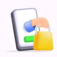 3D illustration of online shopping, hand holding shopping bag icon emerging from smartphone screen. Suitable for digital marketing, e-commerce websites materials and mobile shopping apps vector