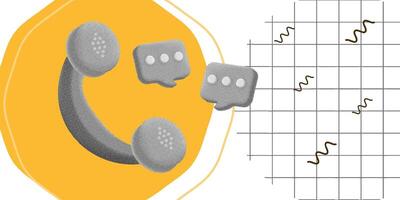 Trendy halftone 3D illustration with a retro phone icon and chat bubbles, set against a yellow and grid background vector