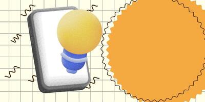 Trendy halftone collage with a Creative light bulb and smartphone concept on a grid background with an orange sunburst. Ideal for innovation, design, and bright ideas vector