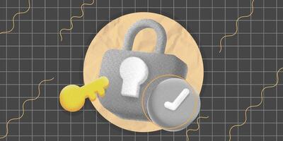 Collage halftone padlock key and checkmark. symbolizing strong security. Perfect for illustrating cybersecurity, data protection, and privacy topics vector