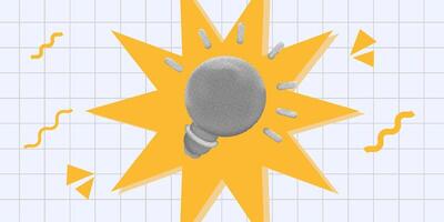 Halftone collage 3D illustration of a light bulb on a bright yellow burst background, ideal for creativity, innovation, and idea visuals vector