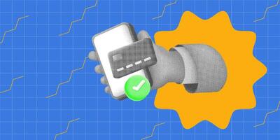 Trendy halftone 3D illustration of a hand holding a smartphone and credit card with a check mark. Ideal for e-commerce, digital payments, and mobile banking visuals vector