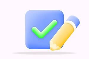 3d illustration blue check mark icon with a yellow pencil, perfect for illustrating task completion, editing, and approval processes vector