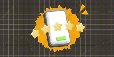halftone collage smartphone with five stars, symbolizing high ratings and positive feedback. Perfect for promoting customer reviews, app ratings, and user satisfaction in digital marketing campaigns vector