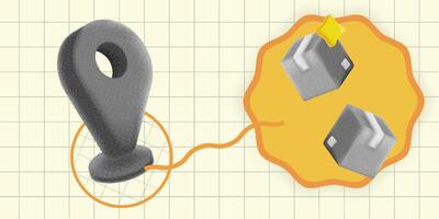 Collage halftone 3D map pin icon connected to package boxes, ideal for delivery, shipping, logistics, and location-based services vector