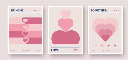 Valentines Day cards in soft pink tones with layered heart graphics, and modern minimalistic designs vector