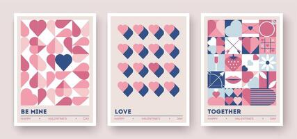Three Valentines Day cards with abstract hearts, geometric patterns, and romantic symbols vector
