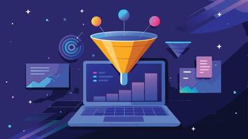Digital Sales Funnel on Laptop Big Data Concept with Technological Blue Background vector