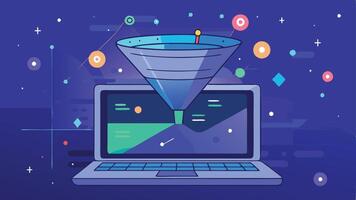 Digital Sales Funnel on Laptop Big Data Concept on Technological Blue Background vector