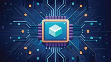 Circuit Background Featuring a Glowing Computer Chip in the Center with Futuristic Design vector