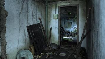 Exploring a dilapidated building with overgrown plants and scattered debris video