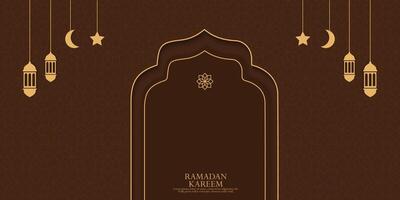 ramadan kareem greeting card with arabic ornaments on brown background vector