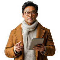 Man wearing a scarf and coat using a tablet while standing indoors in neutral lighting png