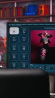 Vertical Computer in home office showing program converting text prompts into photo output. Text to image generative models AI tech software on computer display in cozy bright apartment video