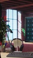 Vertical Computer setup in bright apartment showing large language model program. PC monitor in cozy home office with AI LLM chatbot answering user prompts using neural network tech video