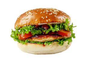 A hamburger with lettuce, tomato and cheese on a bun png