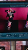 Vertical Computer screen in apartment showing artificial intelligence generating images from basic text prompts, close up. PC display with AI GPT generating photographs, handheld camera shot video