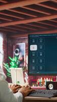 Vertical Woman at home using generative artificial intelligence website generating videos using diffusion models. Person drinking coffee and using AI virtual assistant producing clips, camera A
