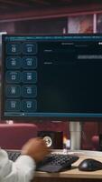 Vertical Woman solving personal tasks with AI LLM chatbot answering prompts using predictive technology. Person using computer in apartment to interact with large language model program, camera B video