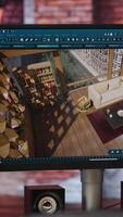 Vertical Assets being moved in 3D modeling program in rendered apartment for interior design project, jib down shot. Focus on CAD program used for modelling room virtual furniture video