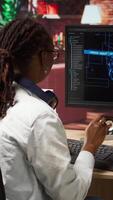 Vertical Overjoyed programmer happily clapping hands after finishing maintenance on neural networks. IT expert doing ecstatic fist pump in air hand gesture after successful checkup on AI systems, camera A video