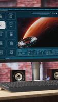 Vertical Computer screen with AI program turning text prompt into videos results. Display in apartment surrounded by plants showing text to artificial intelligence generative model, handheld camera shot