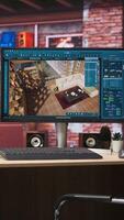 Vertical Architectural design 3D modeling program on PC screen showing rendered apartment interior design project. CAD software used for making home floor plans and virtual furniture, handheld camera shot video