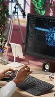 Vertical Overjoyed programmer happily clapping hands after finishing maintenance on neural networks. IT expert doing ecstatic fist pump in air hand gesture after successful checkup on AI systems, camera B video