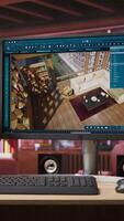 Vertical Architectural design software on computer in home office used for moving interior design project assets. CAD software interface on PC display showing home floor plans, jib up shot video
