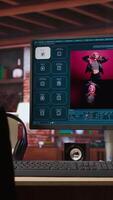 Vertical Generative artificial intelligence GPT on PC monitor with image understanding capabilities generating photos. AI virtual assistant on computer screen outputting high resolution lifelike visuals video