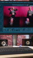 Vertical Computer monitor in apartment showing artificial intelligence generating images from basic text prompts. PC display with AI GPT generating photographs using natural language processing video