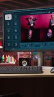 Vertical Computer in home office uses artificial intelligence generating images from basic text prompts. AI GPT generating photographs using computer vision and natural language processing, jib up shot video