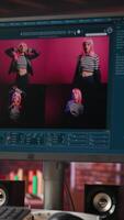 Vertical Computer in home office uses artificial intelligence generating images from basic text prompts. AI GPT generating photographs using computer vision and natural language processing, jib up shot video