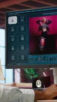 Vertical Woman in home office using AI software turning text prompt into photos. Person in apartment using text to image artificial intelligence generator transforming words into pictures, camera A video