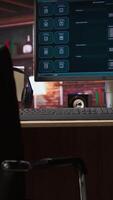 Vertical AI LLM chatbot software interface on PC in home office showing virtual assistant answering user prompts. Large language model program on monitor using artificial intelligence, jib up shot video