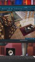 Vertical Architectural design software on computer in home office used for moving interior design project assets, close up. CAD software interface on PC display showing home floor plans, handheld camera shot video