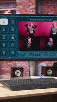 Vertical Computer on desk with UI of artificial intelligence GPT application turning text prompt into photos, handheld camera shot. Internet website on PC screen showing text to image models video