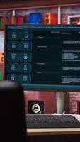 Vertical AI LLM chatbot on computer screen in home office designed to understand human language. Artificial intelligence chatbot on monitor trained on data enabling it to perform complex tasks, panning shot video
