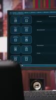 Vertical Computer setup in bright apartment showing large language model program. PC monitor in cozy home office with AI LLM chatbot answering user prompts using neural network tech video