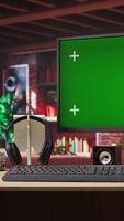 Vertical Green screen mockup desktop PC display on cozy home office desk with audio devices. Chroma key computer monitor in colorful modern loft with brick walls and plants on shelves video